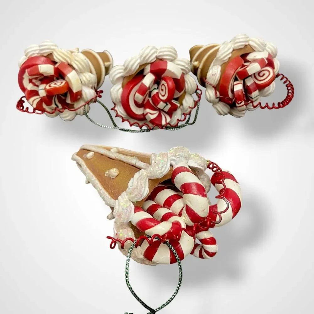 4 Vintage Christmas Ornaments Lot Ice Cream Cone Candy Cane Peppermint Swirl